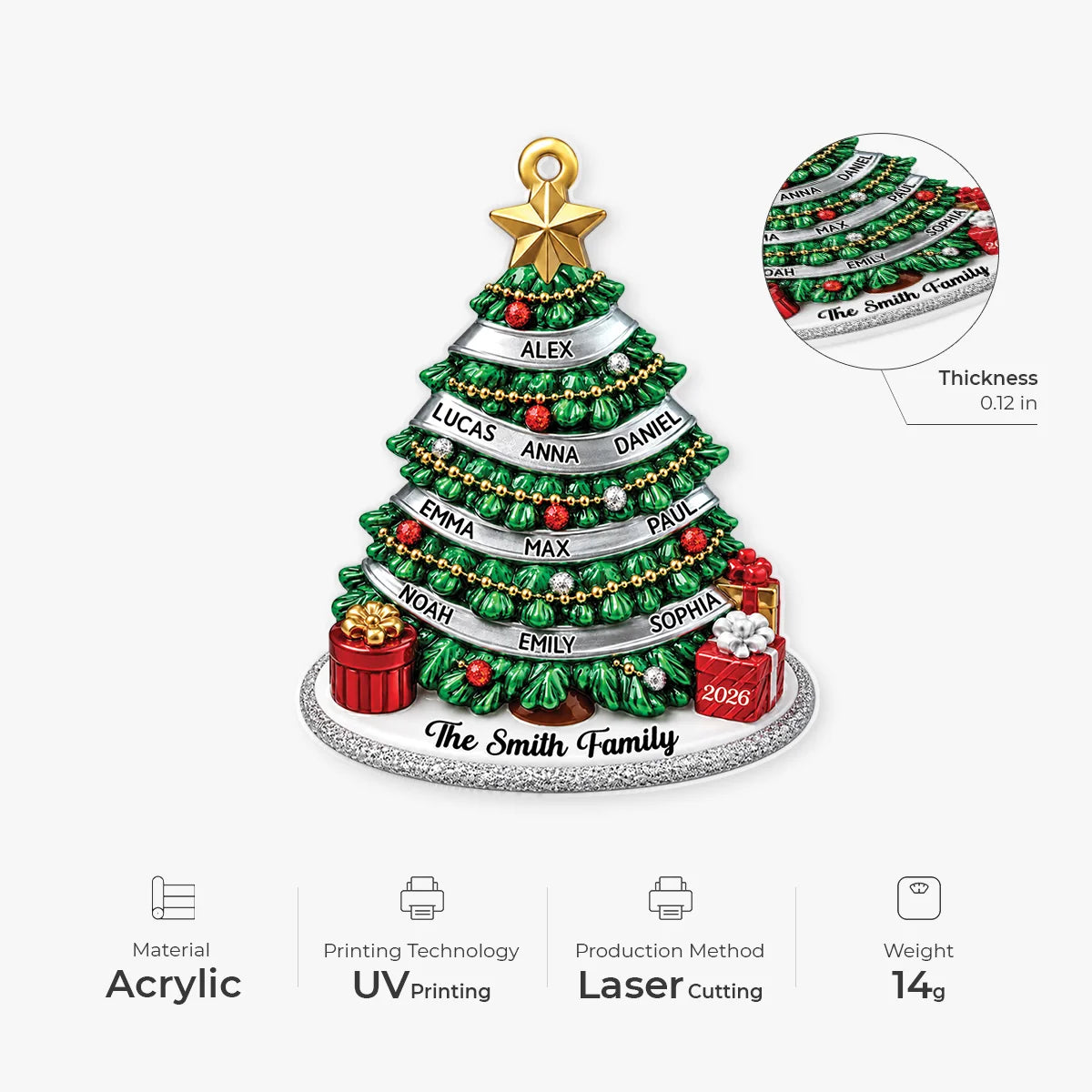 Custom Family Names Christmas Tree Acrylic Ornament - Personalized Holiday Keepsake