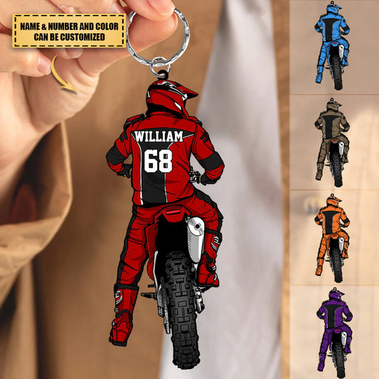 Custom Motocross Rider Keychain for Dad with personalized design details for meaningful gifting