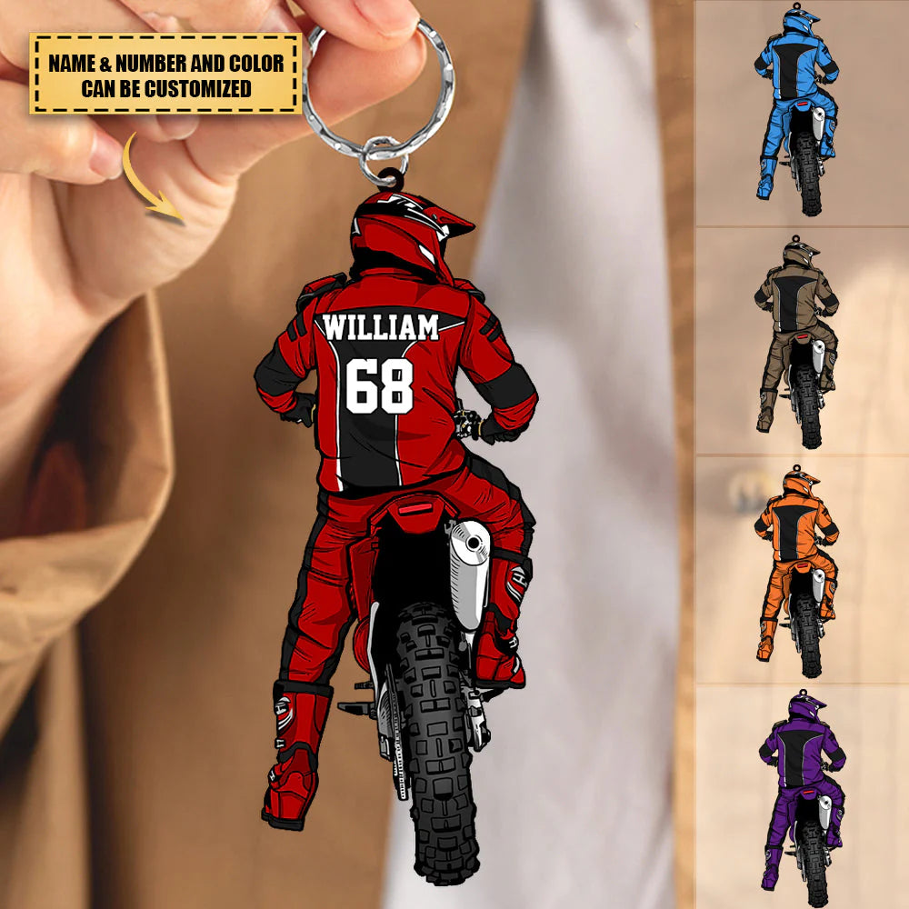Custom Motocross Rider Keychain for Dad with personalized design details for meaningful gifting