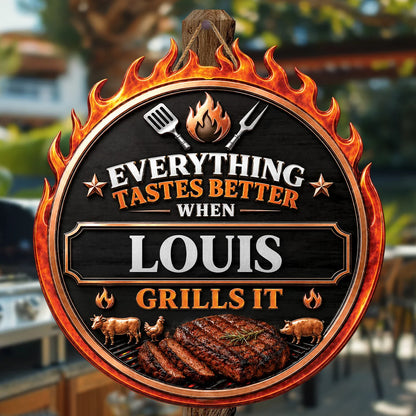 Everything Tastes Better Personalized BBQ Grill Wood Sign - Custom Backyard BBQ Sign Gift for Him