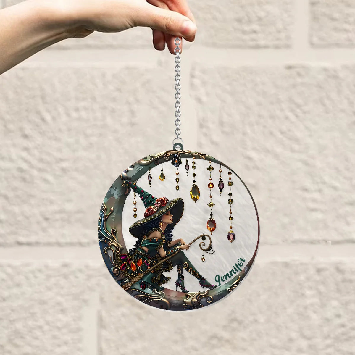 Celestial Crescent Moon Witch Personalized Suncatcher Ornament - Custom Halloween & Fall Home Decor for Best Friends