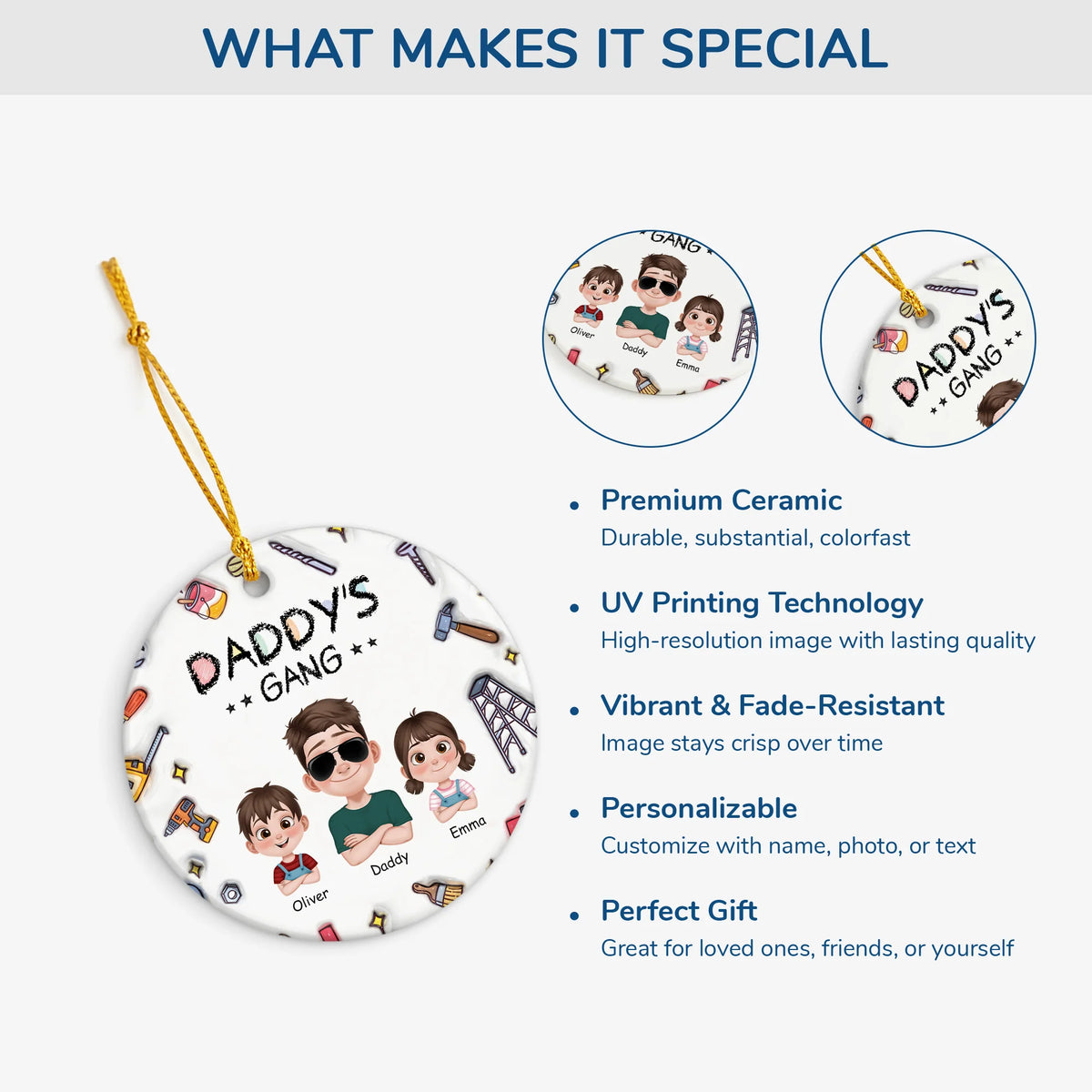 Daddy's Gang Custom Family Cartoon Art - Personalized Ceramic Christmas Ornament for Dad and Grandpa