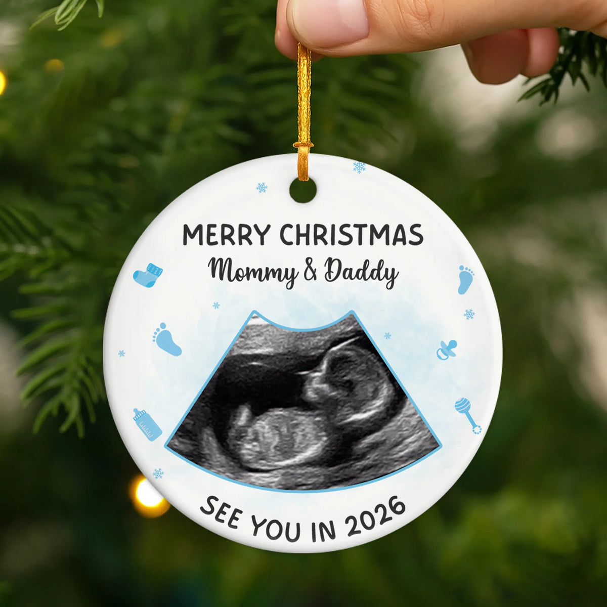 "Merry Christmas Mommy & Daddy" Custom Baby Ultrasound Ceramic Ornament - Custom Gift for Expecting Parents