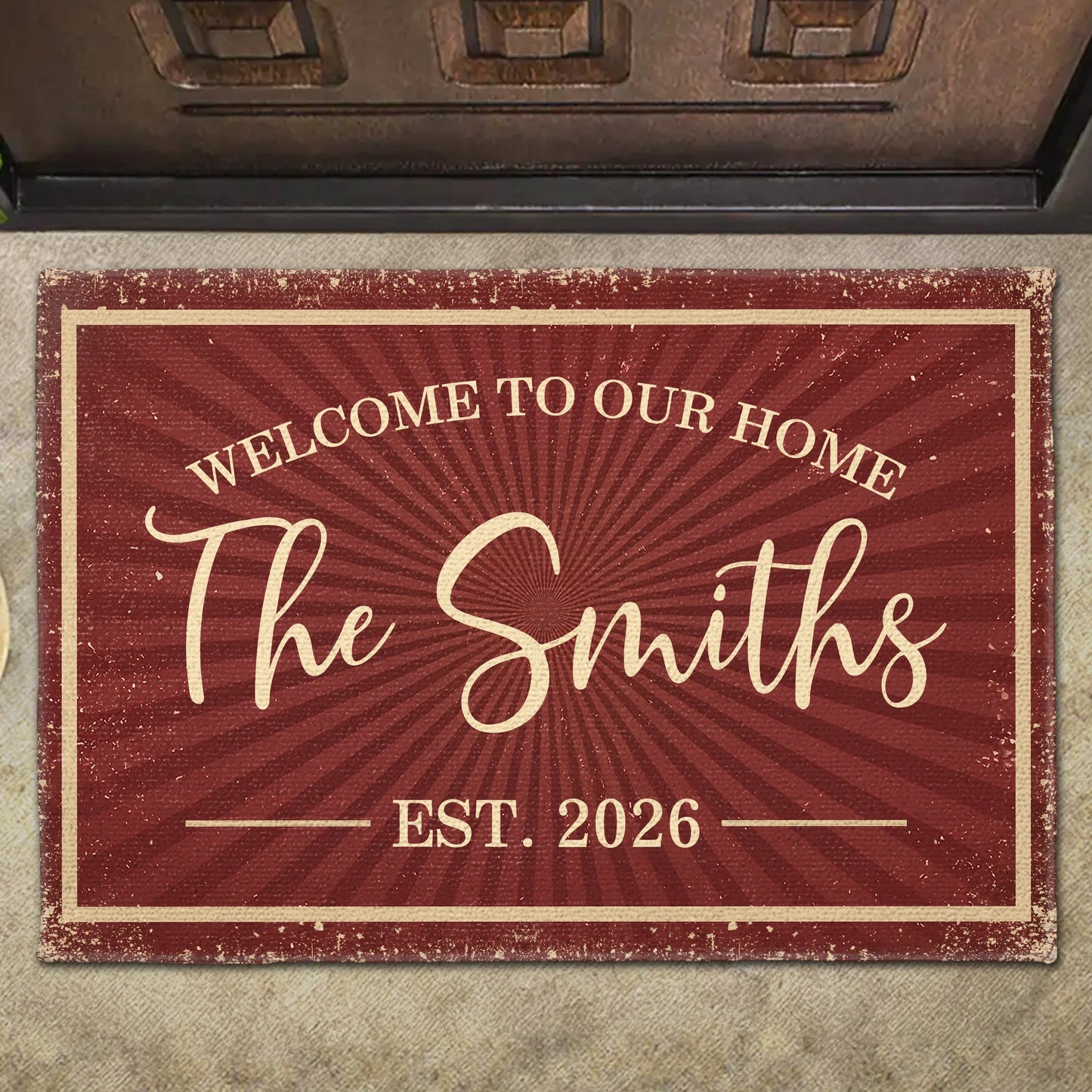 Personalized family name doormat with sunburst design for custom welcome home entry gift image 6
