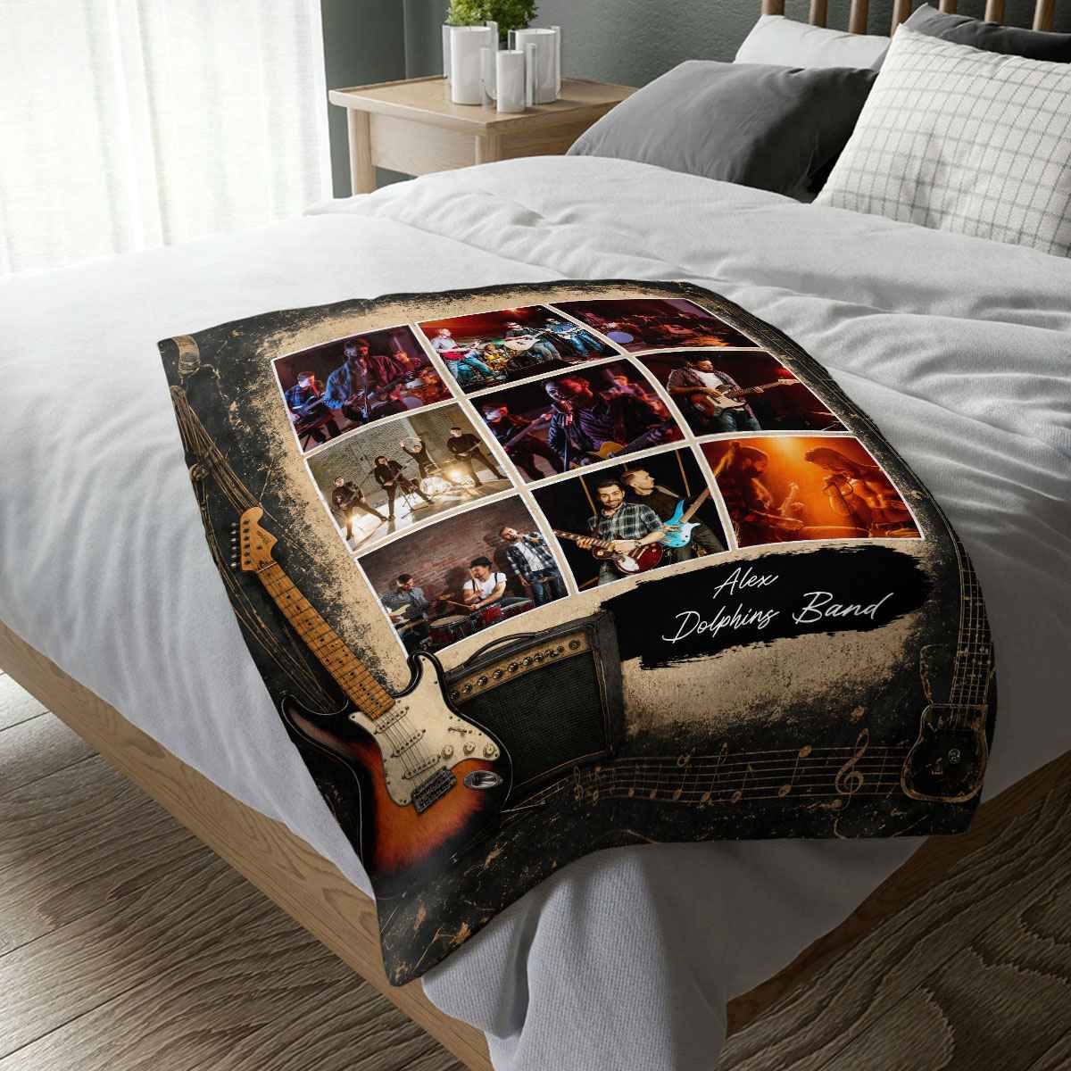 Custom Rock Band Photo Collage Blanket – Personalized Guitar Music Throw among Bandmates