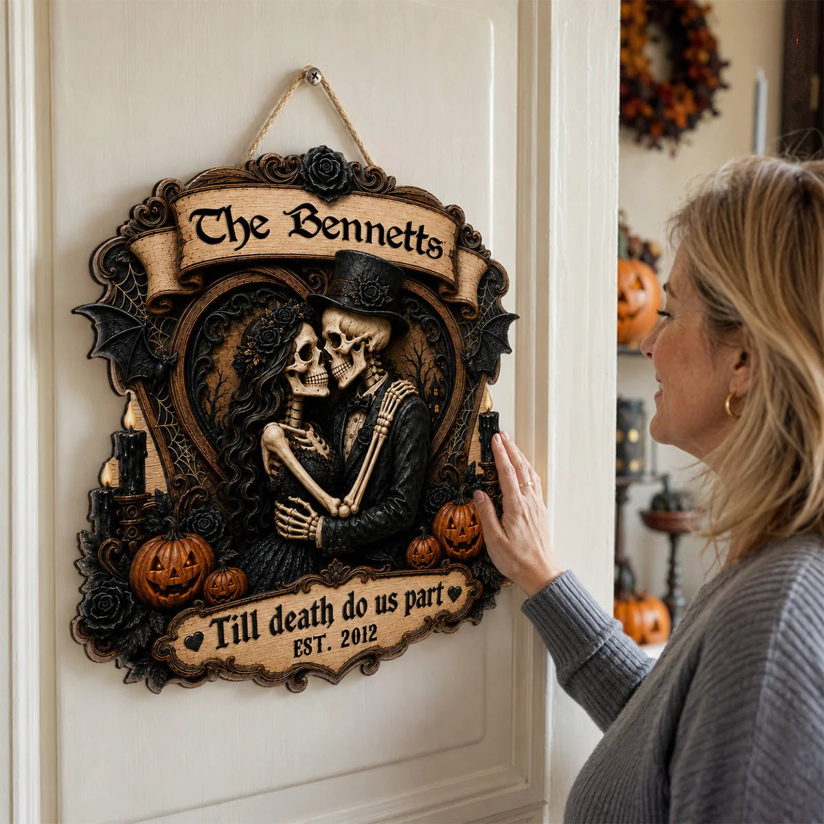 Till Death Do Us Part Skeleton Couple Personalized Wood Sign - Gothic Halloween Decor for Couples