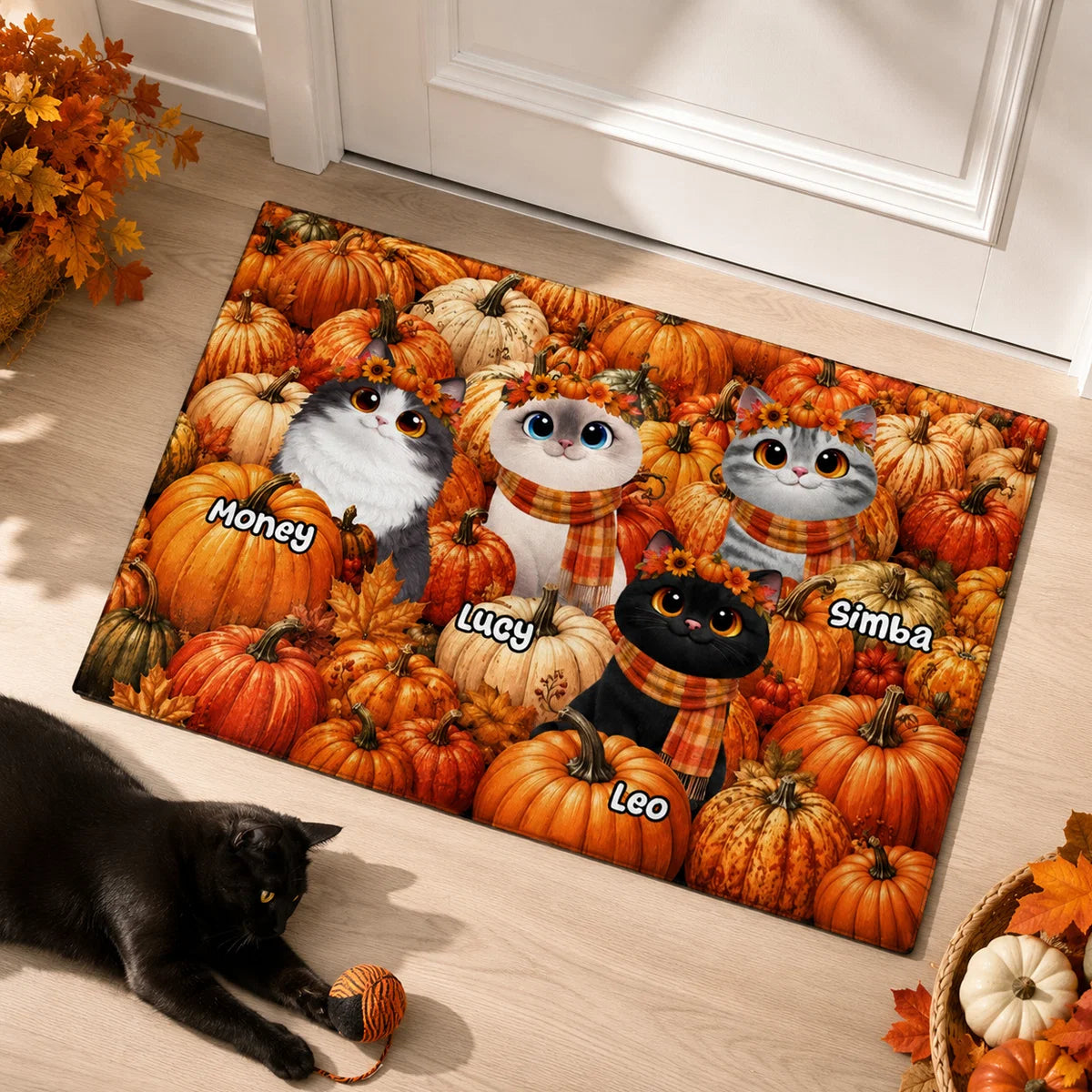 Cute Cats in Pumpkin Patch Personalized Doormat - Custom Fall Decor Gift for Cat Lovers