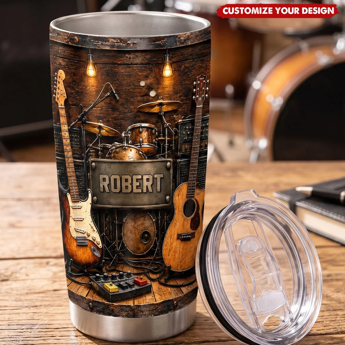 Custom Name Music Studio Tumbler - Personalized Guitar & Drummer Travel Mug for Music Lovers