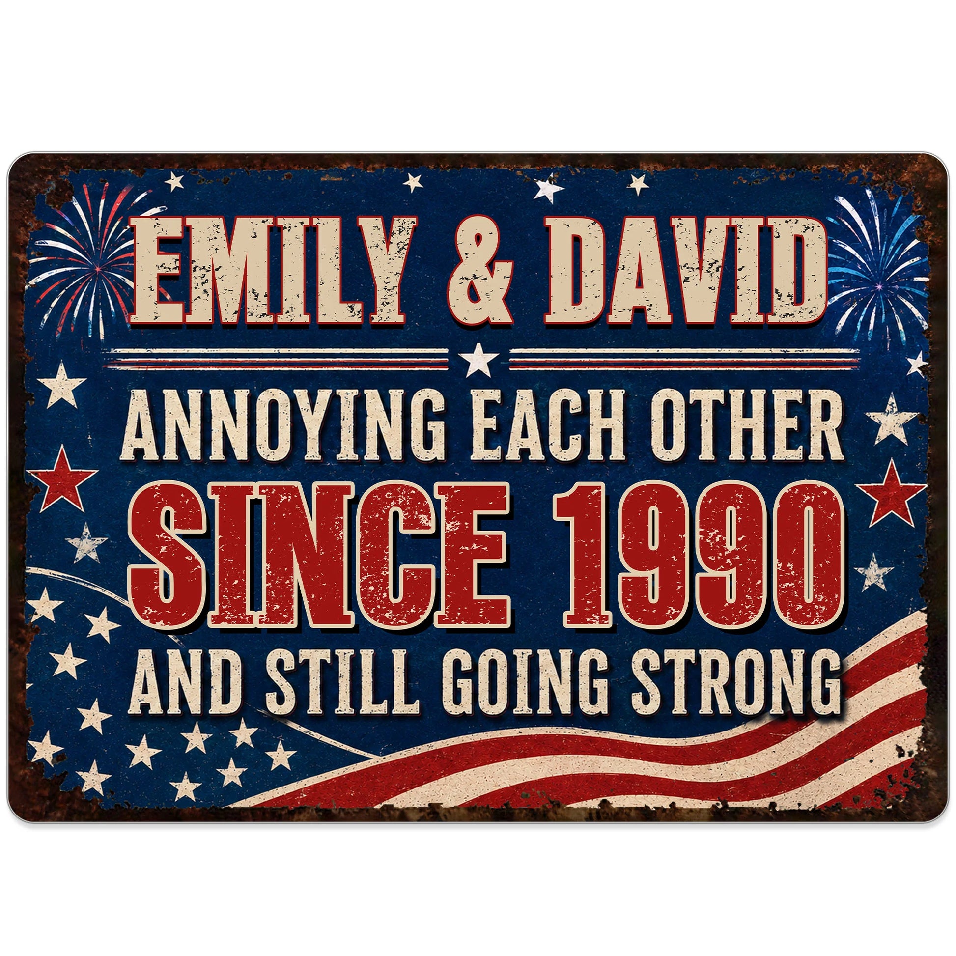 Custom annoying each other since personalized metal sign featuring an American flag background and custom names image 10