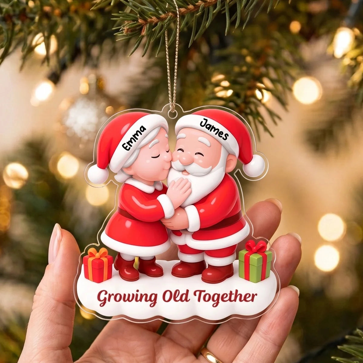 "Growing Old Together" Personalized Couple Name Acrylic Ornament - Custom Kissing Santa & Mrs. Claus Christmas Gift