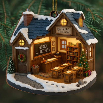 Merry Christmas Schoolhouse Ornament With Wreath And Tree