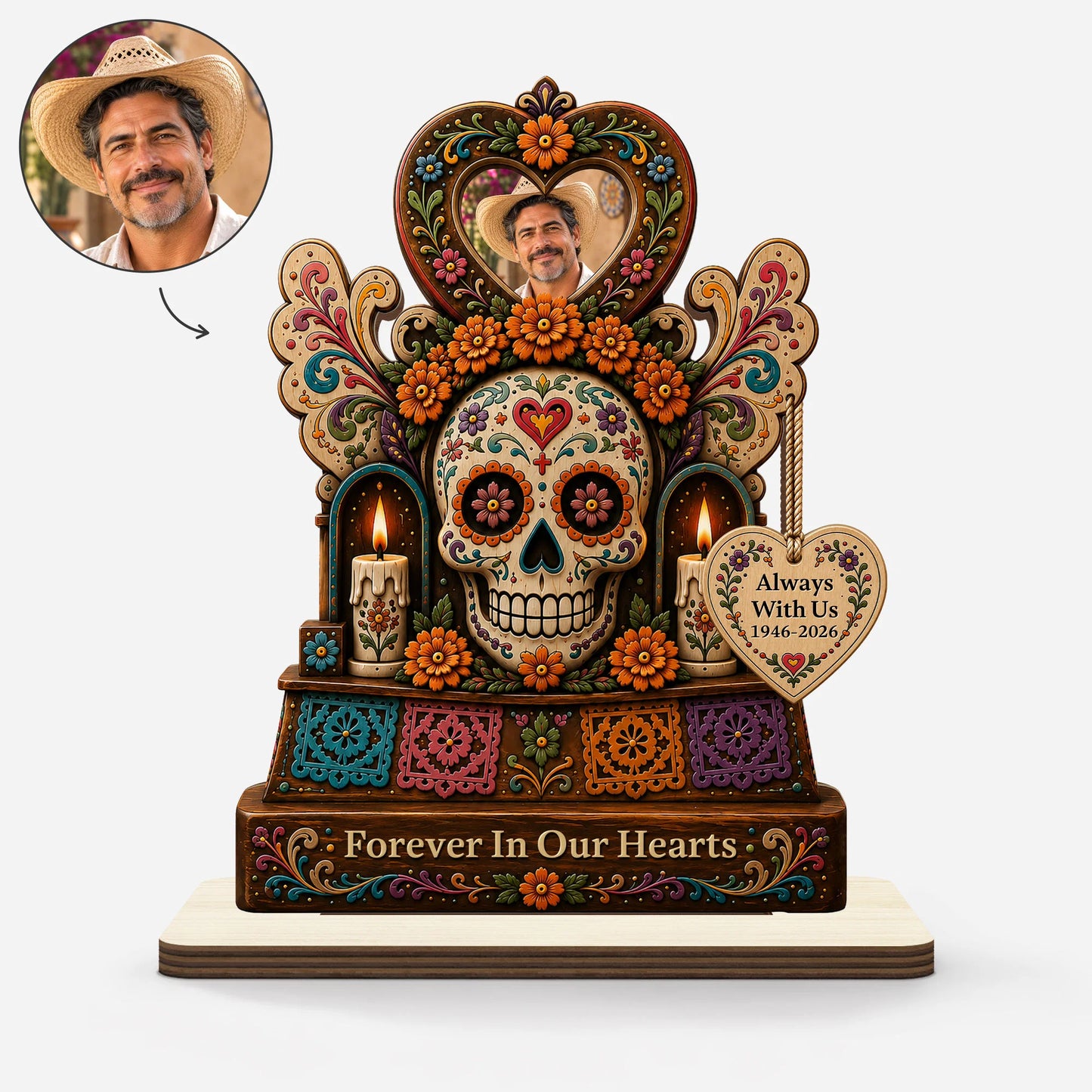 "Forever In Our Hearts" Personalized Memorial Wooden Plaque - Custom Day of the Dead Keepsake for Family