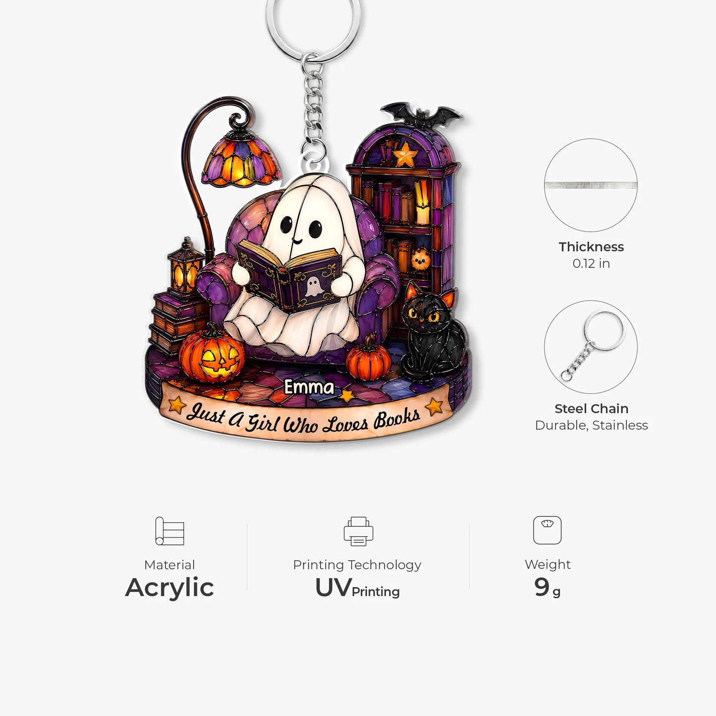 Just A Girl Who Loves Books Personalized Halloween Ghost Acrylic Keychain - Custom Book Lover Gift