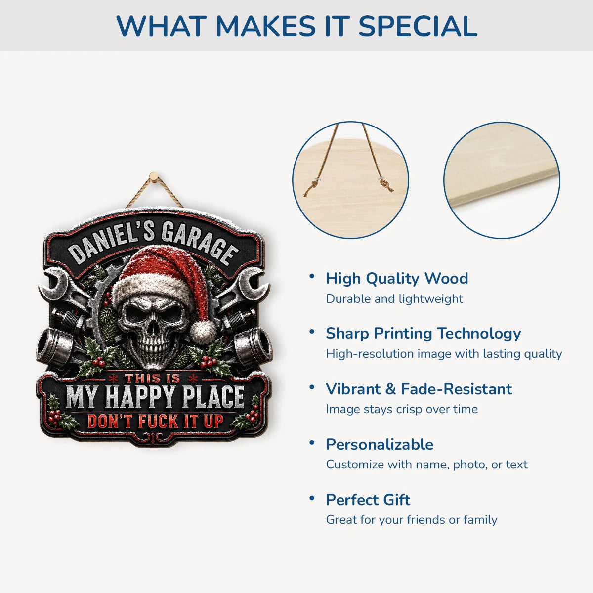 This Is My Happy Place Personalized Garage Wood Sign - Custom Skull Mechanic Christmas Gift for Him