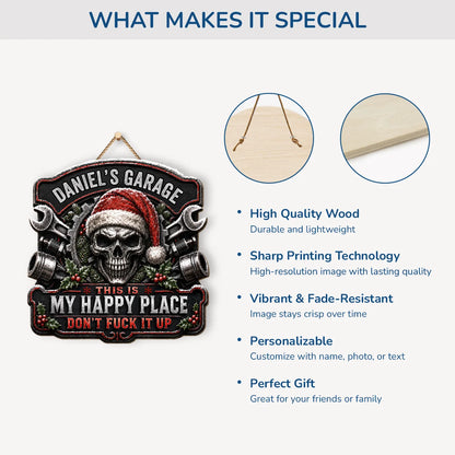 This Is My Happy Place Personalized Garage Wood Sign - Custom Skull Mechanic Christmas Gift for Him