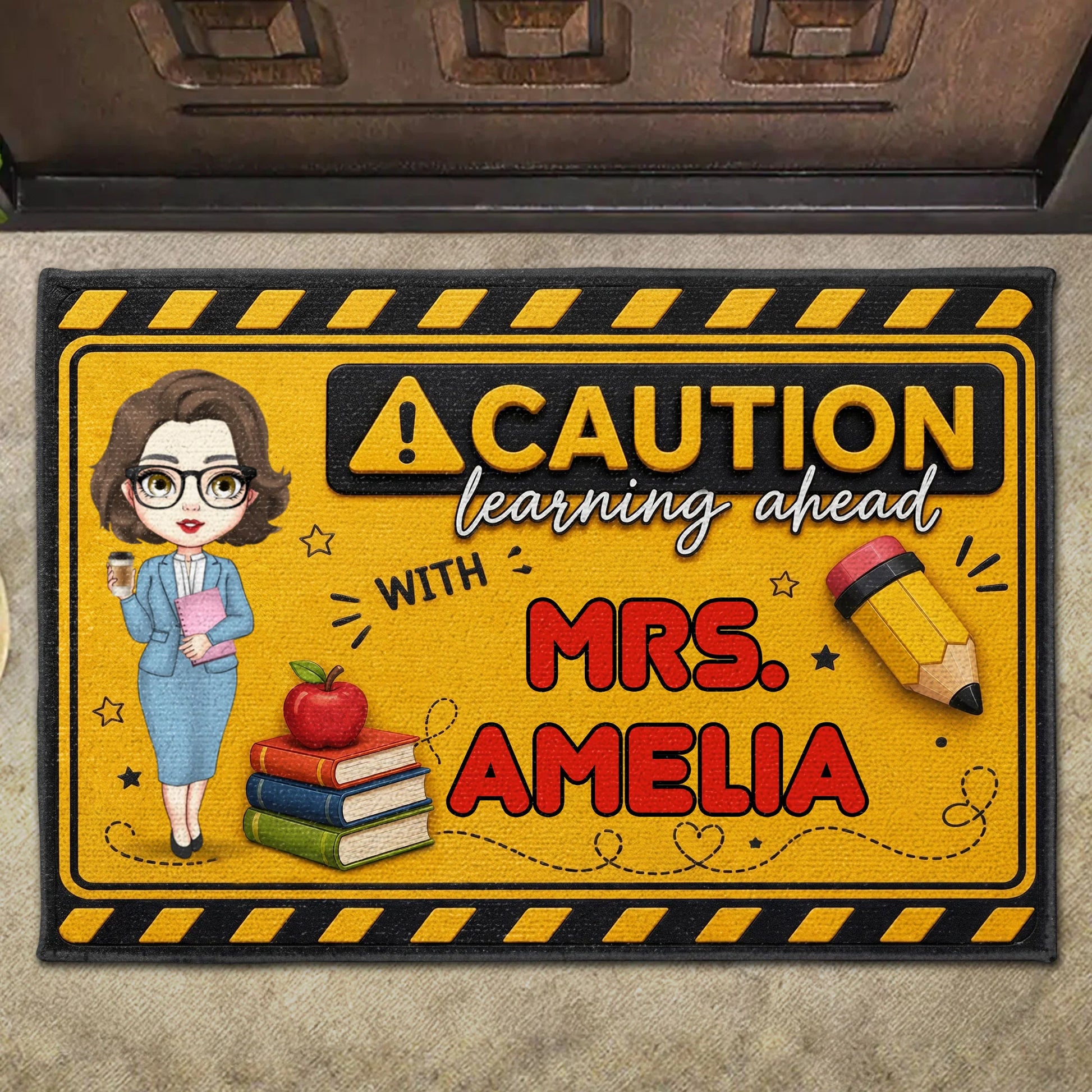 Personalized teacher doormat featuring Caution Learning Ahead text with customized teacher name for classroom decor image 9