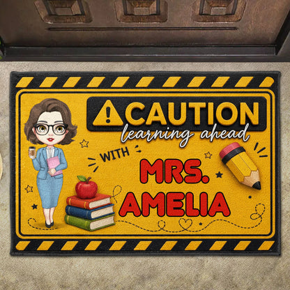 Personalized teacher doormat featuring Caution Learning Ahead text with customized teacher name for classroom decor image 9