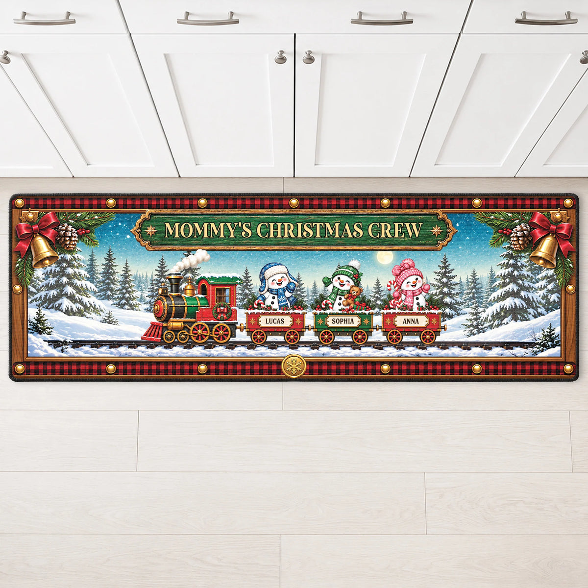 Mommy's Christmas Crew Personalized Runner Rug - Custom Family Holiday Kitchen Mat Gift for Mom and Grandma