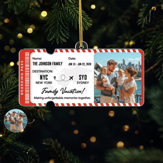 Family Vacation Custom Photo Acrylic Ornament - Personalized Flight Ticket Keepsake Gift
