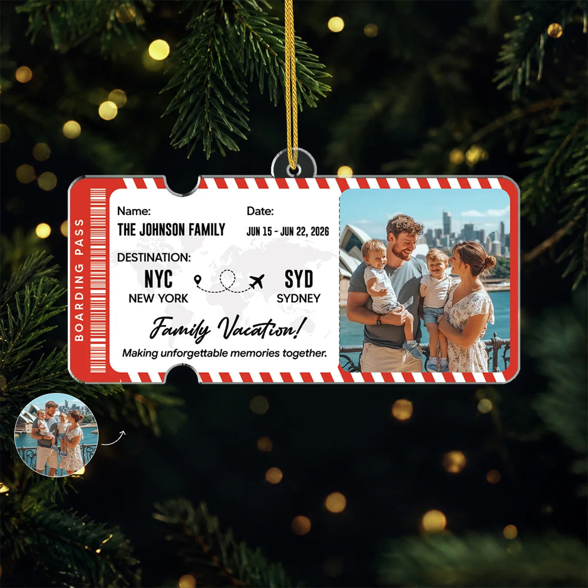 Family Vacation Custom Photo Acrylic Ornament - Personalized Flight Ticket Keepsake Gift