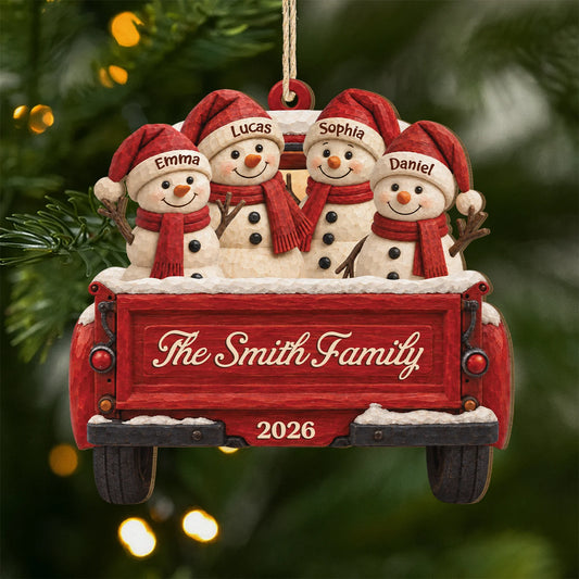 Personalized Red Truck Snowman Christmas Ornament - Custom Wooden Family Keepsake Gift