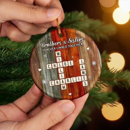 Brothers & Sisters Forever Linked Personalized Ceramic Ornament - Custom Crossword Christmas Gift for Siblings