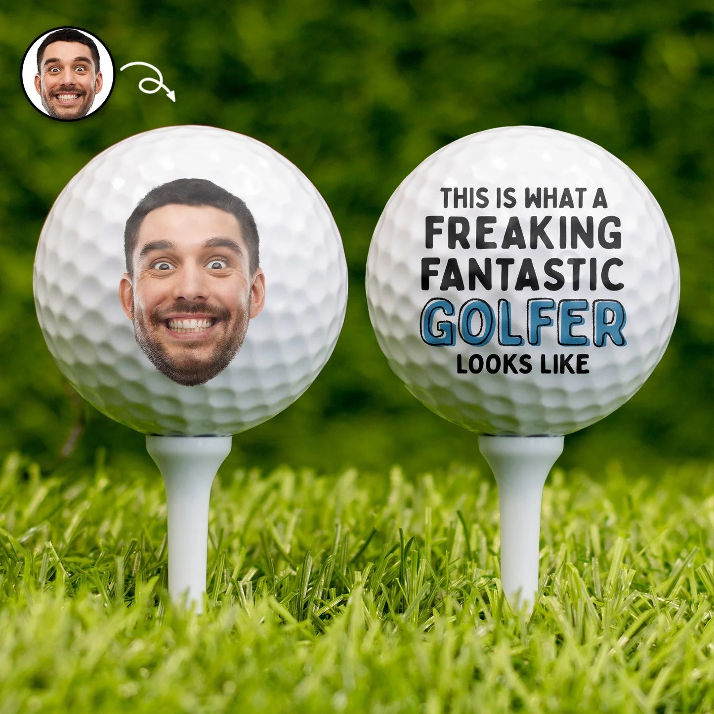 Personalized golf ball with custom photo print and funny text on tee over green grass background