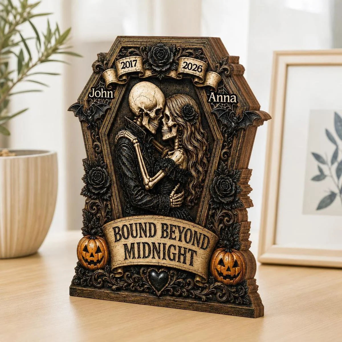 Bound Beyond Midnight Skeleton Couple Personalized Wooden Block - Custom Gothic Halloween Wedding Anniversary Gift