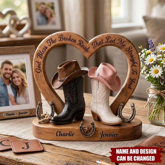 "God Bless The Broken Road" Personalized Western Couple Wooden Block - Custom Boots Keepsake Gift