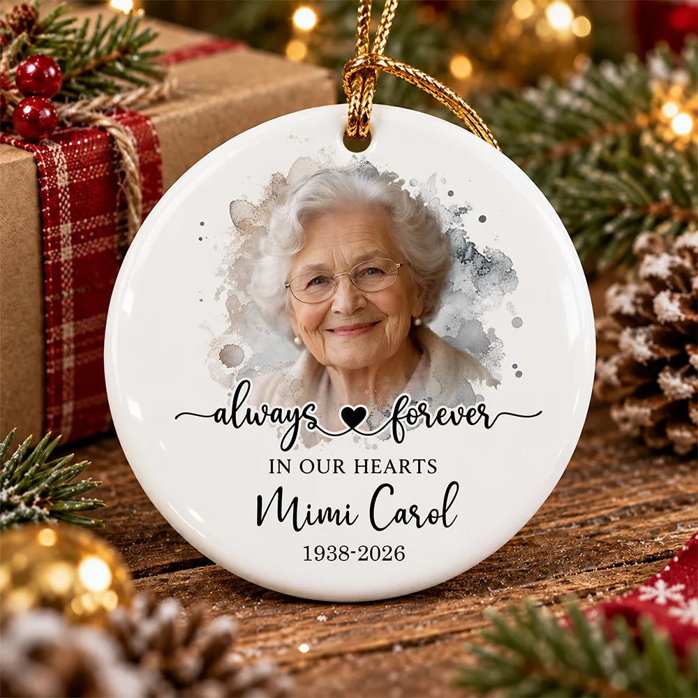 Always Forever in Our Hearts Personalized Memorial Ornament - Custom Photo Ceramic Gift