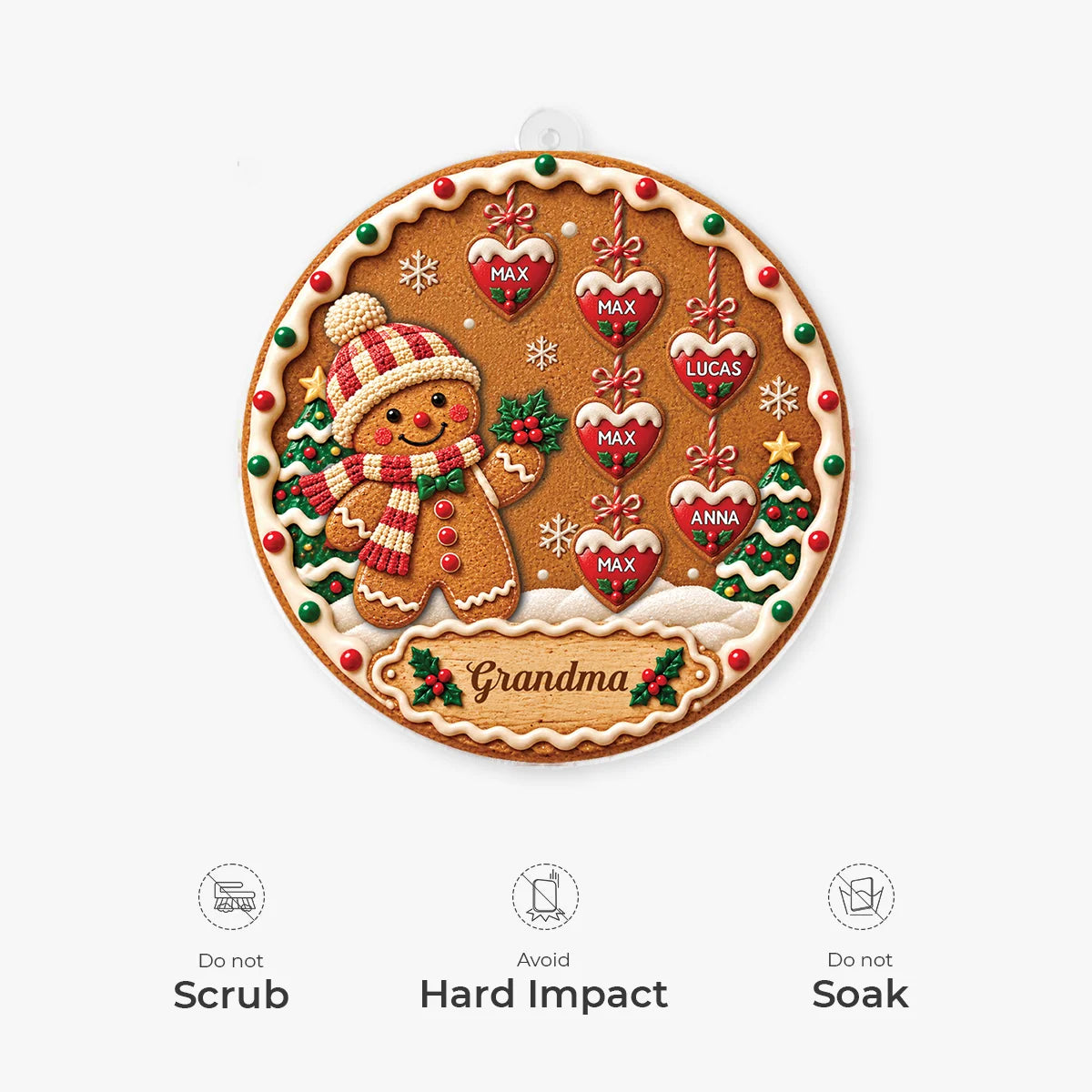 Personalized Gingerbread Acrylic Ornament Custom Heart Names - Christmas Gift for Grandma Mom