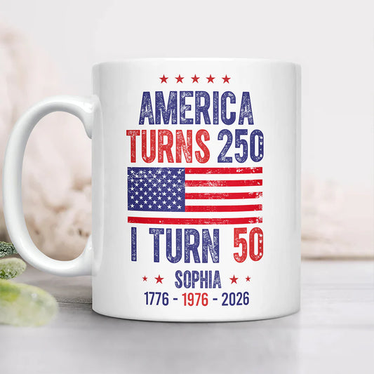 Personalized america turns 250 mug with custom name and birth year for patriotic 2026 celebrations
