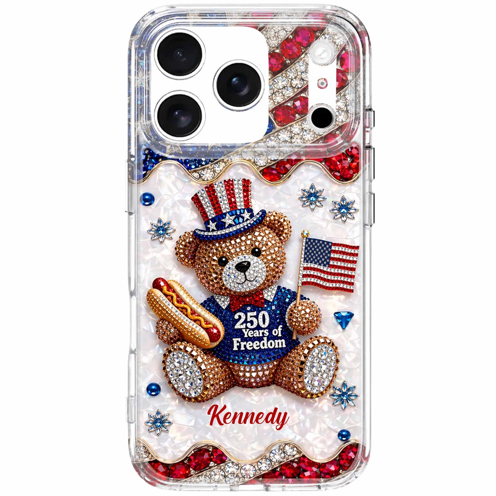 Patriotic clear phone case with 250 Years of Freedom teddy bear and custom name for iPhone and Samsung image 6