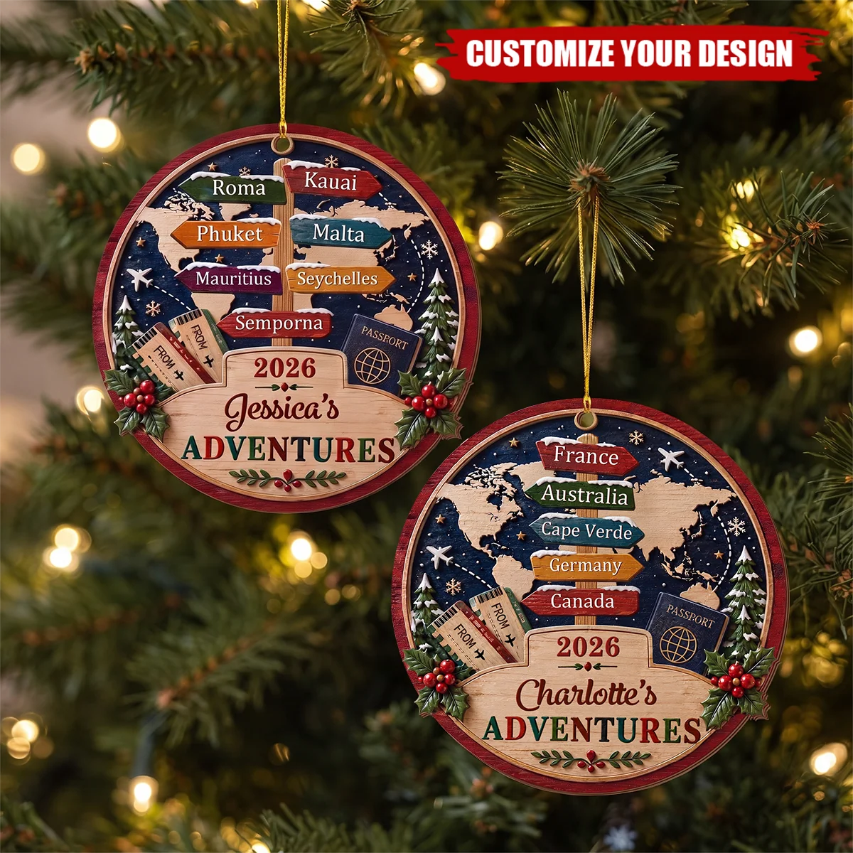Custom Adventures Wooden Christmas Ornament - Personalized World Traveler Vacation Keepsake
