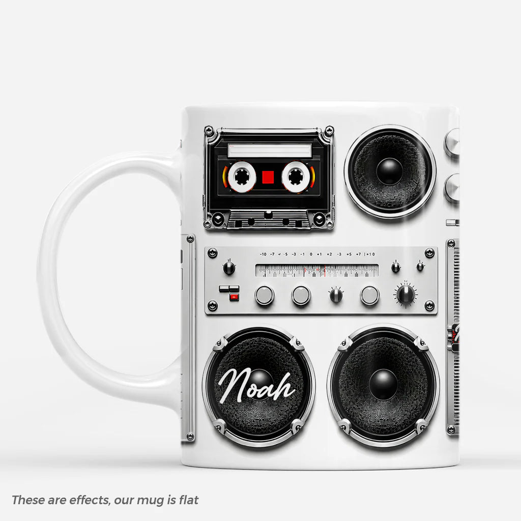 Personalized retro music mug with custom name and 3D vintage boombox print - cool birthday gift for music lovers