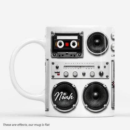 Personalized retro music mug with custom name and 3D vintage boombox print - cool birthday gift for music lovers