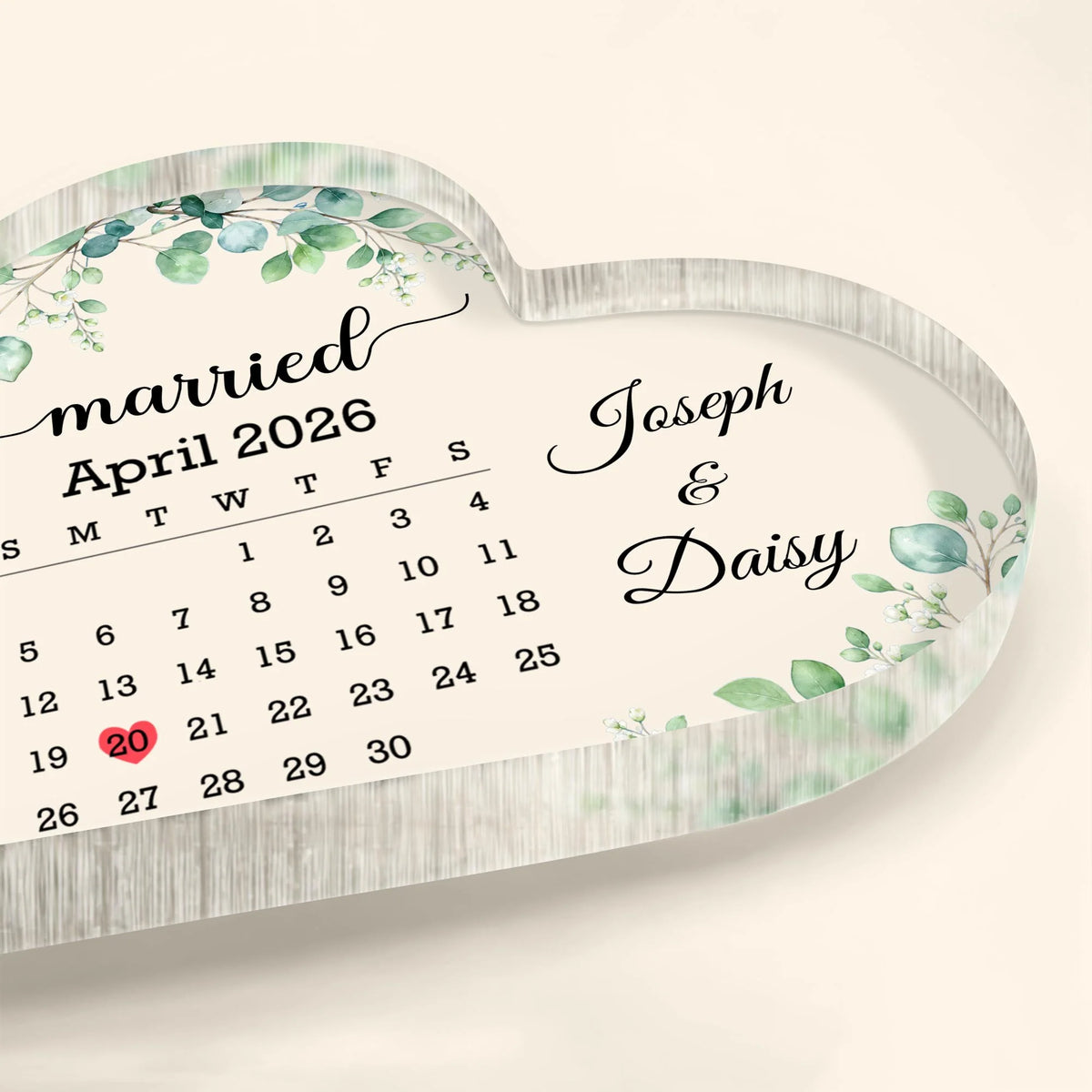 "Married" Custom Calendar Heart Acrylic Plaque for Couples - Personalized Wedding Gift
