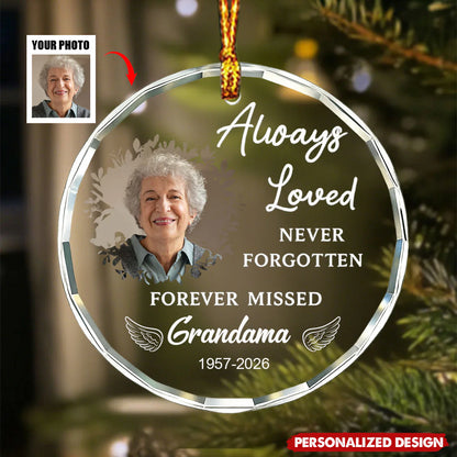 Memorial Photo Glass Ornament personalization view for Grandma