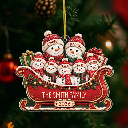 Snowman Family Sleigh Personalized Acrylic Ornament - Custom Christmas Keepsake Gift