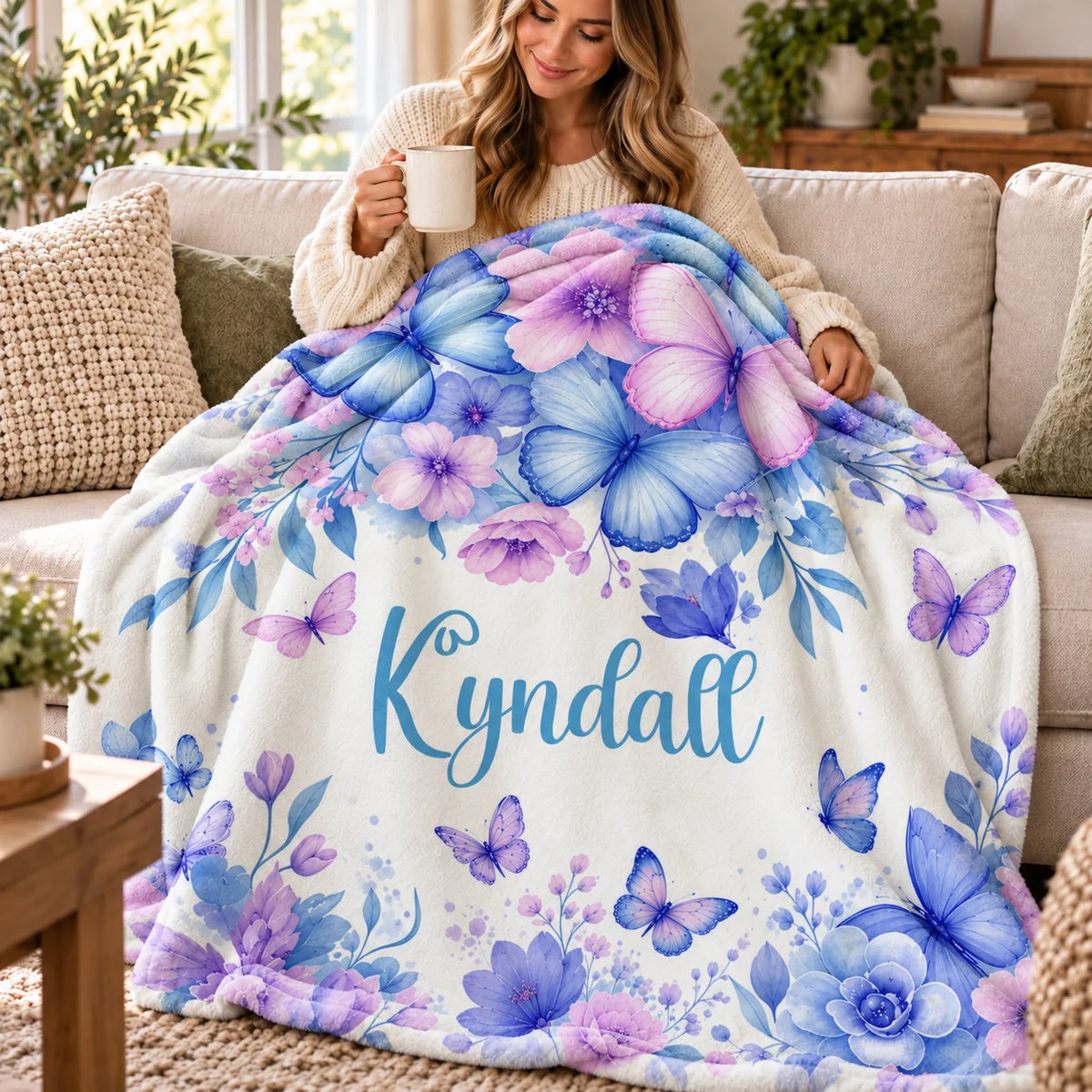 Personalized Butterfly Blanket with Custom Name - Floral Birthday Gift for Daughter or Granddaughter