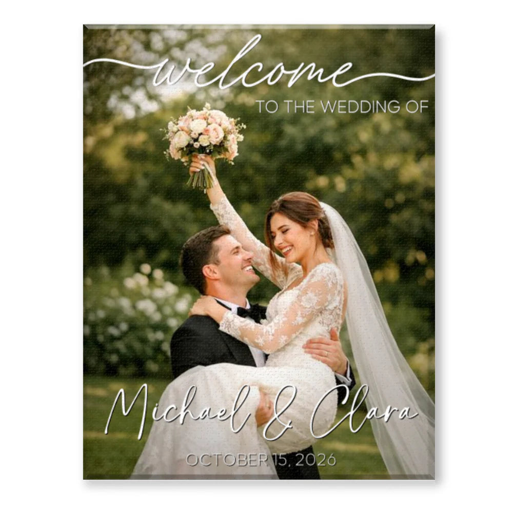Custom wedding welcome canvas with photo, bride and groom names, and date on entry easel image 6