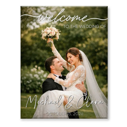 Custom wedding welcome canvas with photo, bride and groom names, and date on entry easel image 6