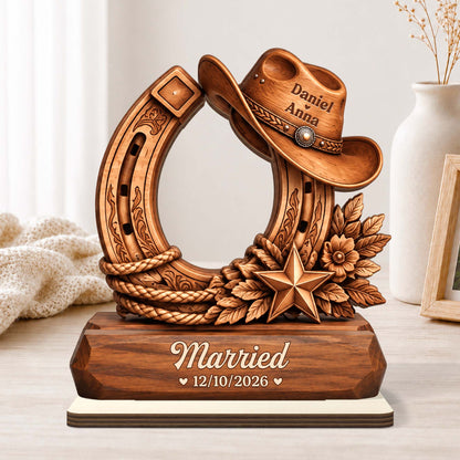 Engaged Horseshoe Wooden Plaque - Personalized Cowboy Hat Sign Gift for Couples