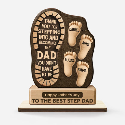Personalized step dad wooden plaque with boot footprint design and custom kids names for Father's Day gift