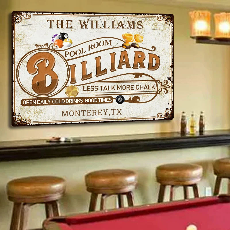 "Less Talk More Chalk" Custom Pool Room Metal Sign - Personalized Billiard Wall Decor