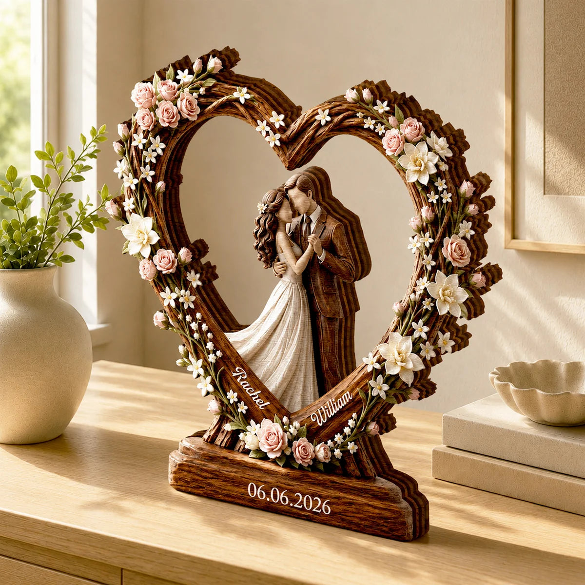 Personalized Wedding Couple Heart Wood Block - Custom Anniversary Gift