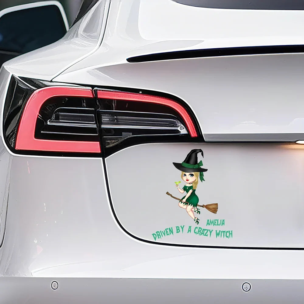Driven By A Crazy Witch Personalized Car Decal - Custom Halloween Sticker Gift