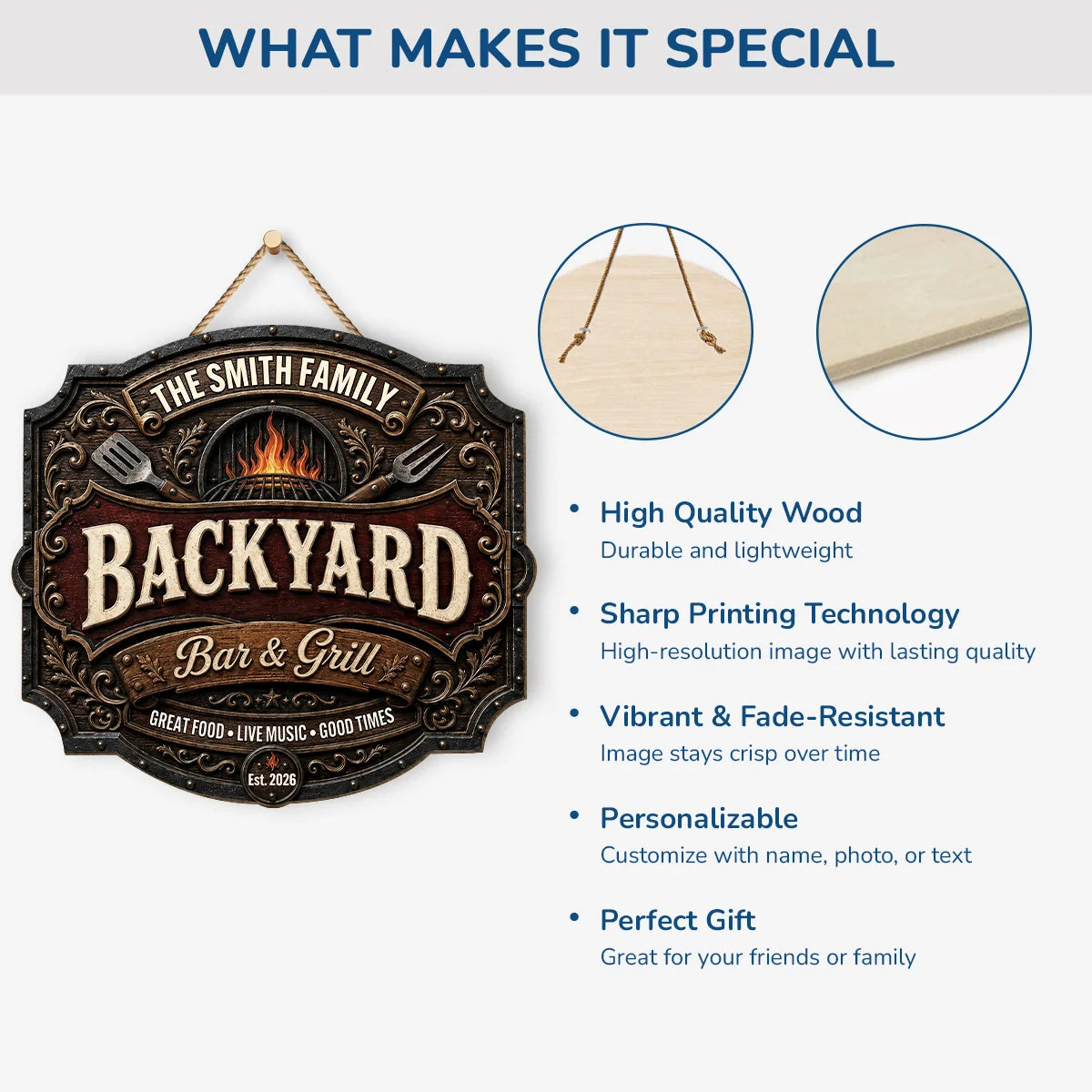 Backyard Bar and Grill Great Food Live Music Good Times - Personalized Wood Sign Decor for Family