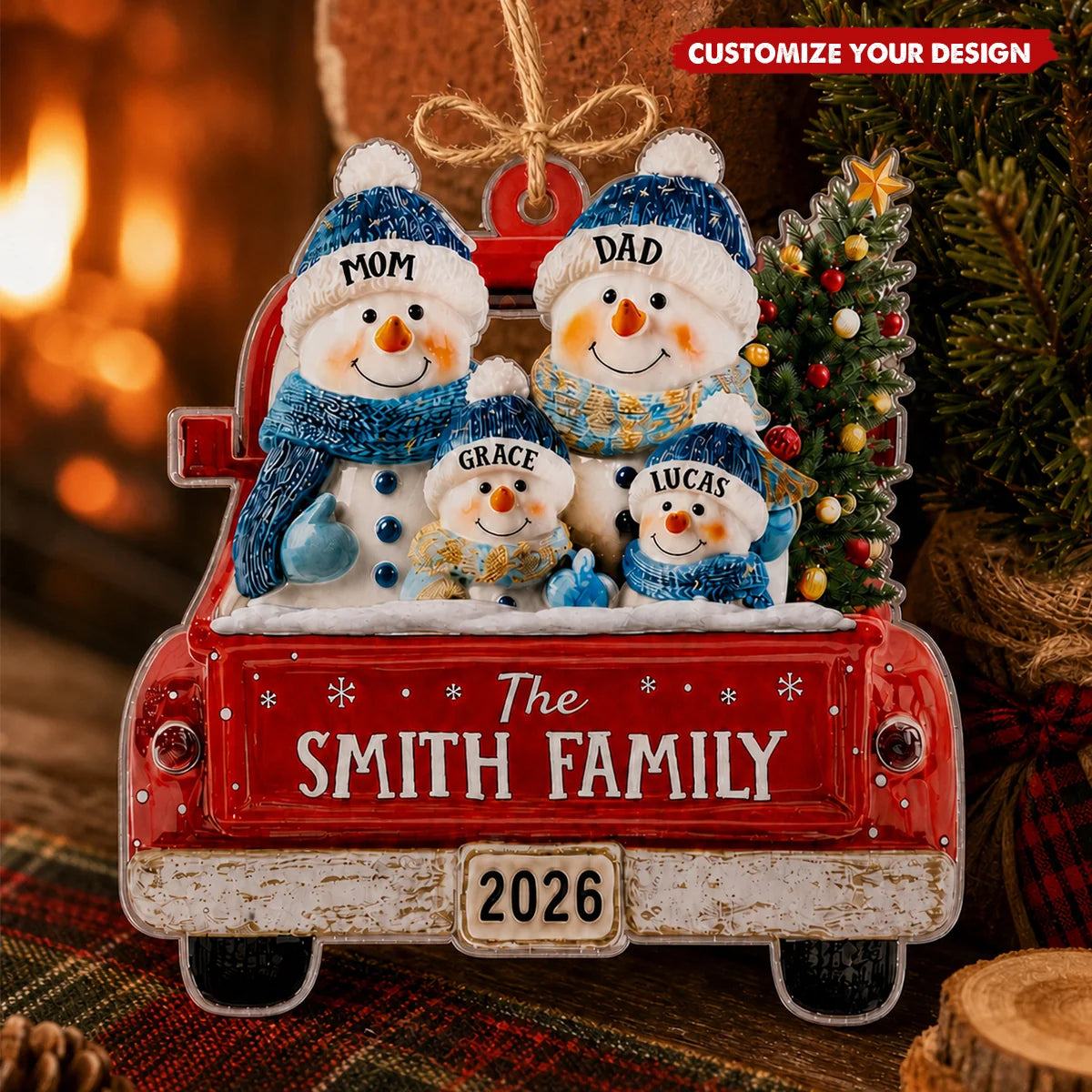 Personalized Snowman Family Acrylic Ornament - Custom Red Truck Christmas Keepsake