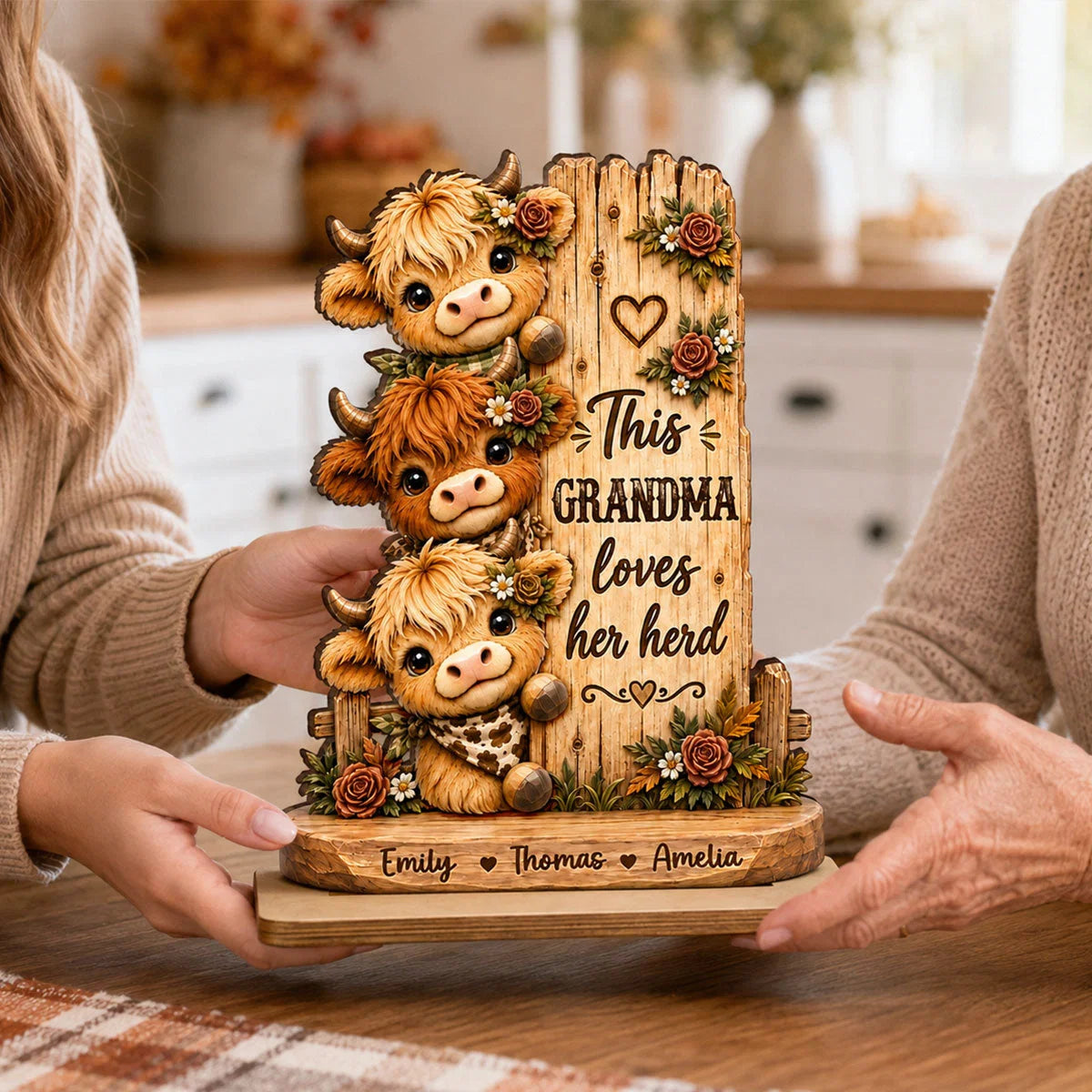 "This Grandma Loves Her Herd" Personalized Wooden Plaque - Custom Highland Cow Name Gift